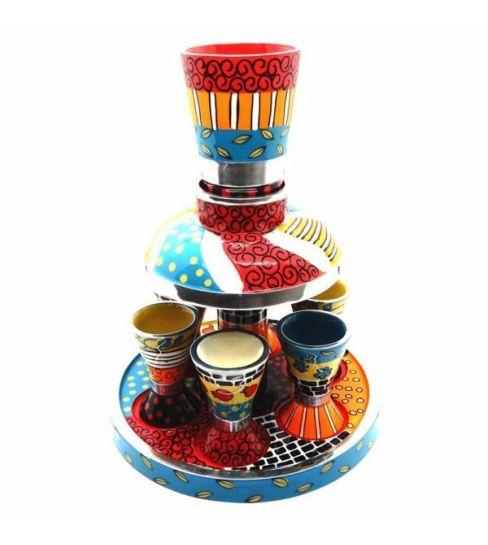 Hadarya Hand Painted Kiddush Fountain 6 Cups - Colorful