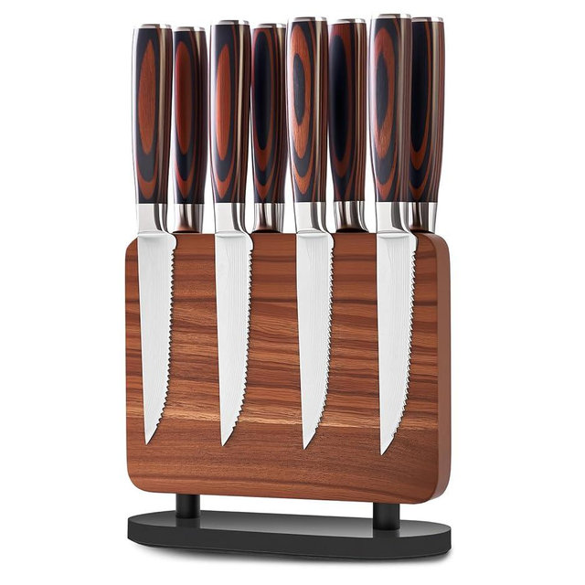 iutgin 8-Piece Serrated Steak Knife Set with Magnetic Knife Holder, Japanese High-Carbon Stainless Steel Steak Knife & Double-Sided Magnetic Knives Stand for Kitchen Counter