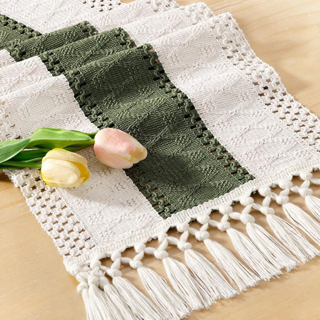 Socomi Boho Table Runner Summer Farmhouse Rustic Dining Kitchen Centerpiece Decor Small Macrame Woven Cotton Linen Coffee Table Runner for Dresser Scarf Home Decor 12x36 inch Olive Green