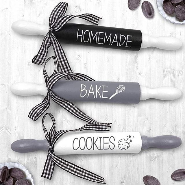 Bake Mini Rolling Pins - Wooden Decorative Favors Kitchen Farmhouse Tiered Tray Decor Set of 3 Inspired Decoration Homemade Bake Cookies