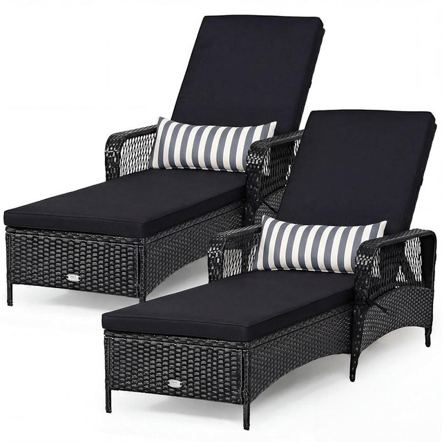 COSTWAY PE Rattan Chaise Lounge Chair, 6 Gear Adjustable Recliner with Armrest & Pillow, Wicker Outdoor Furniture for Deck, Patio (2, Black+White)