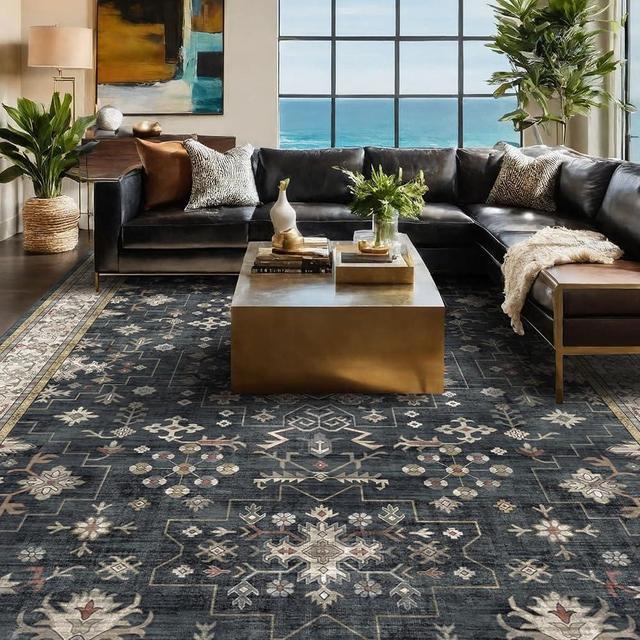 Black Farmhouse Washable 8x10 Area Rugs for Living Room Bedroom, Dark Charcoal Tumble Dining Room Kitchen Table Rug for Under Table, Stain Resistant Non-Slip Large Washable (8x10 Black/Multi)