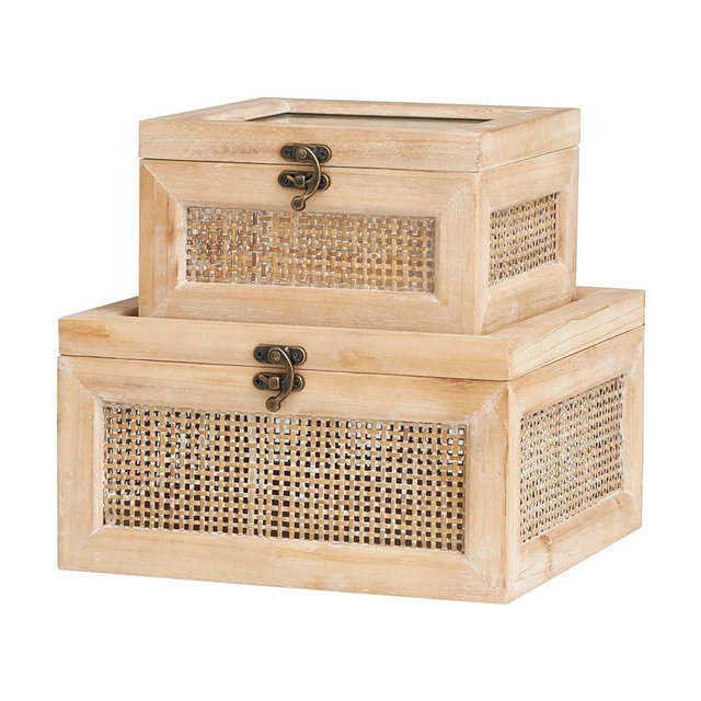 The Novogratz Wood Glass Top Box with Rattan Side Panels and Bronze Hook Closures, Set of 2 9", 7" W, Light Brown