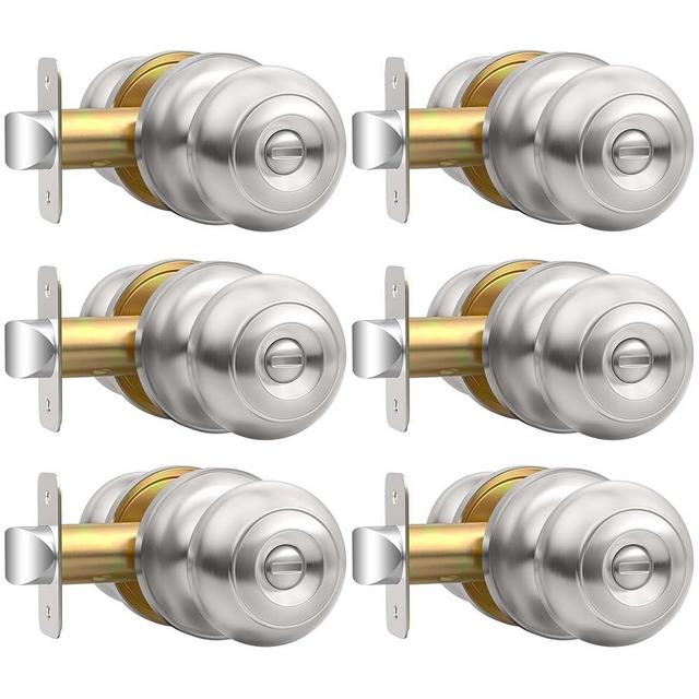 AEEKEL Privacy Door Knob, Brushed Nickel Door Knobs Interior Keyless Locks Set(6 Pack), Bedroom Bathroom Door Knob with Lock, Reversible for Left/Right Door Handle