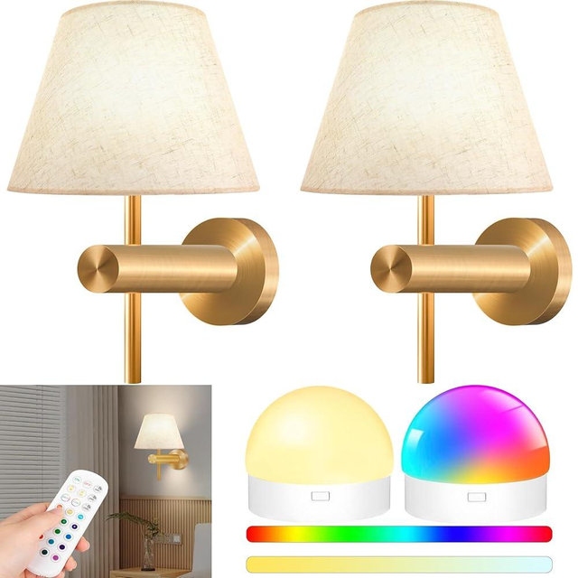 StarMoitic Battery Operated Wall Sconces Set of 2, 10000mAh Gold Rechargeable RGB Wall Lights with Dimmable Magnetic Bulbs & Remote,15 Colors Wireless Wall Lamps for Bedroom, Living Room, Corridor