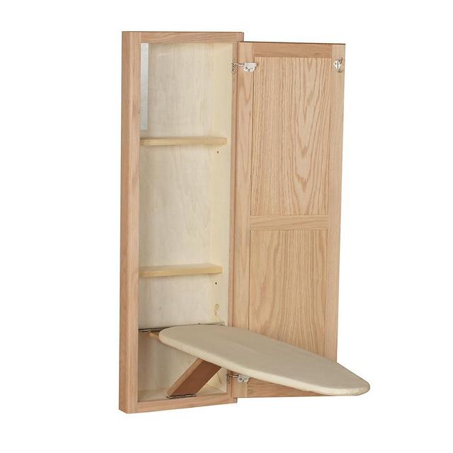 Household Essentials Ironing Board Cabinet, In-Wall Recessed Ironing Board Cabinet with Storage Shelves, Unfinished Wood, Oak