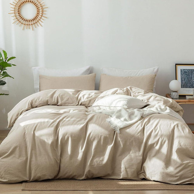 MooMee Bedding Duvet Cover Set 100% Washed Cotton Linen Like Textured Breathable Durable Soft Comfy (Almond Milk Grey, California King)