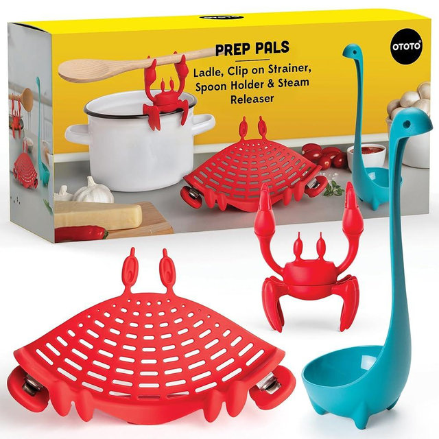 OTOTO Prep Pals Bundle of Red the Crab, Nessie, Crabby - Cute Kitchen Accessories, Kitchen Gadgets, Spoon Rest for Stove Top, Soup Ladle, Pasta Strainer, Funny Unique Gifts, Cooking Gifts