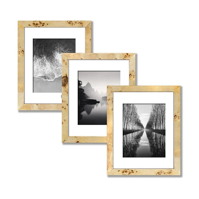 MrYuGoods 3 Pack Burlwood Wood Photo Frame Picture Frame Burl Wood Picture Frames-NATURAL FINISH Picture Frames for Family Photos - Elegant Wallhung and Tabletop Decor in Bulk (16x20 matted to 11x14)