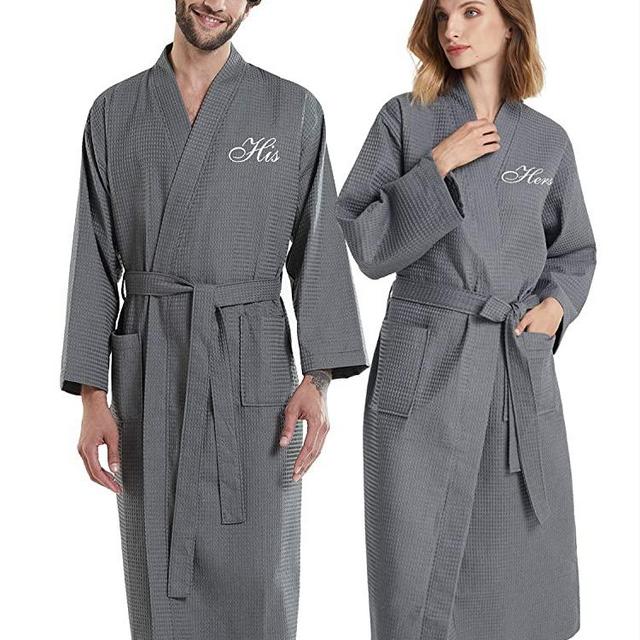 AW BRIDAL 2Pcs Couple's Cotton Waffle Robe Embroidered Monogram Robes Bridal Robes Lightweight Bathrobe Set for Men Women