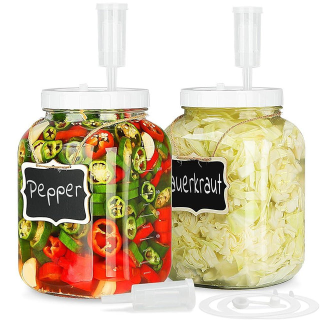 2 Pack 1 Gallon Large Fermentation Jars w 2 SCREW Lid and 3 Airlock - 100% Airtight Heavy Duty Lid w Silicone 4 Gasket & 4 Grommet, Wide Mouth Glass Jar, Pickle Jar w Scale Mark for Sourdough Starter
