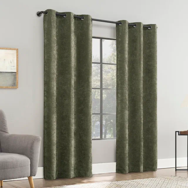 40"x96" Sun Zero Isidora Velvet Magnetic Closure 100% Blackout Grommet Curtain Panel Olive Green