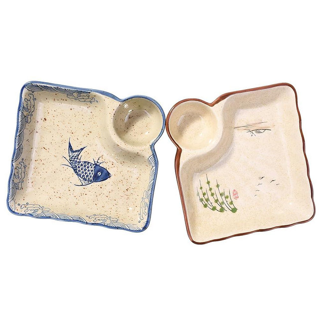 Whitenesser Sushi Plate Set of 2, Different Style Ceramic 7.4 Inch Dumpling Plates with Vinegar Dish Serving for Dumpling, Snack, and Other Food (japanese style yy)