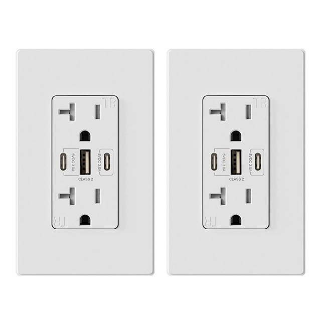 ELEGRP 30W 6.0 Amp 3-Port USB Wall Outlet, 20A Receptacle with Dual USB Type C & Type A Ports, USB Charger for iPhone/iPad/Samsung/LG/HTC/Android Devices, UL Listed, w/ Wall Plate, 2 Pack, Matte White
