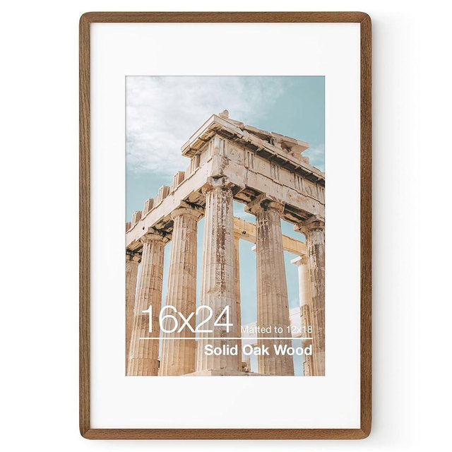 FLYJOE 16x24 Poster Frame | Solid Oak Wood 16 x 24 Picture Frame | 24x16 Poster Frame With Mat For 12x18 | Tempered Glass And Hanging Hardware Included | 16 By 24 Picture Frame Wood (Walnut, 1 Pack)