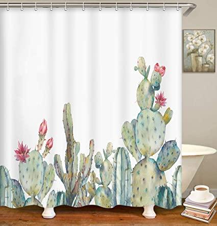 Britimes Cactus Shower Curtain, Watercolor Cactus Desert Plants Flowering Cacti Border Botanical Waterproof Polyester Fabric Bathroom Decor Bath 72 x 72 Inches Set with Hooks