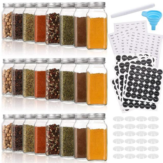 Aozita 24 Pcs Glass Spice Jars/Bottles - 6oz Empty Square Spice Containers with 810 Spice Labels - Shaker Lids and Airtight Metal Caps - Silicone Collapsible Funnel Included