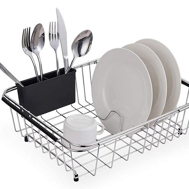 Expandable Dish Drying Rack, 304 Stainless Steel Over Sink Dish Drainer, Dish Rack in Sink or On Counter with Utensil Drying Rack, Rustproof- Large
