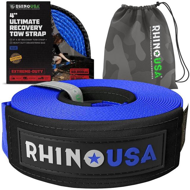 Rhino USA Recovery Tow Strap (4" x 30') - 40,320lb Break Strength - Emergency Recovery Strap Tow Rope for Diesel Trucks, Backhoe, Excavators & More - Heavy Duty Towing Strap for Offroad 4x4 Use (Blue)