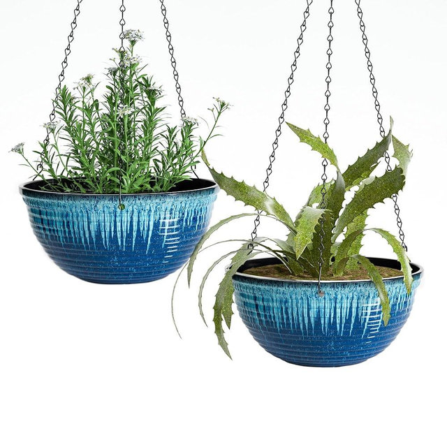 Vanslogreen 12 inch Hanging Planters for Indoor Outdoor Plants, 2 Pack Large Hanging Flower Pots with Drainage Holes and Chain, Glazed Hanging Baskets for Home Garden Decoration (Blue Flow Glaze)