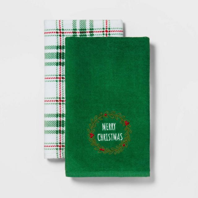 2pk Merry Christmas Holiday Hand Towel Set Green - Wondershop™