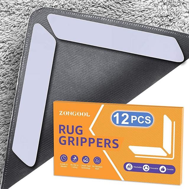 12 PCS Rug Gripper, ZONGOOL Washable Rug Tape for Hardwood Floors, Double Sided Non-Slip Rug Pad, Reusable Durable Carpet Gripper Stoppers for Area Rugs, White
