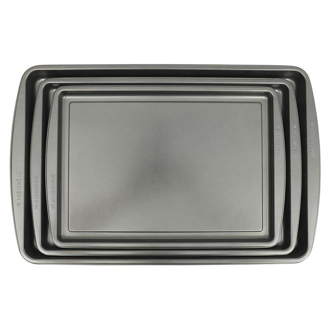 Gibson Home 3 Piece Carbon Steel Nonstick Kitchen Baking Pans/Cookie Sheet Bakeware Set, Premium PFA Nonstick Material