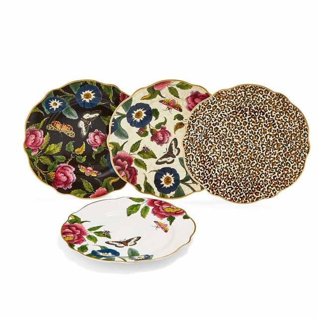 Spode Creatures of Curiosity Collection Dessert Plates Set of 4, Assorted Motifs, 7.5-inch, Fine China Cake Plate, Small Appetizer Plates, Gold Rim/Scalloped Edge Design