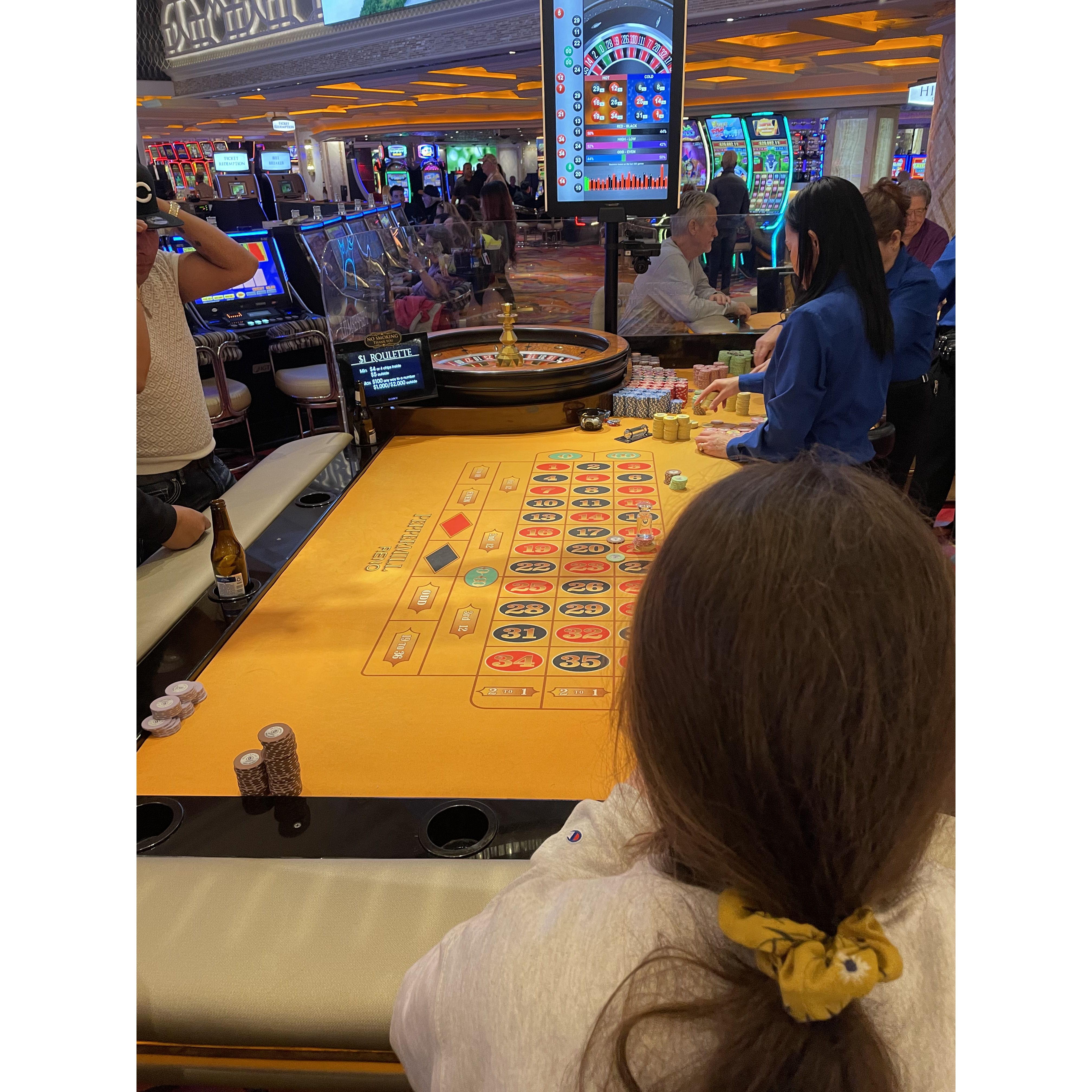 It's hard to tell but Katie had a chip on the corner of the winning number! I had already lost my $20...
