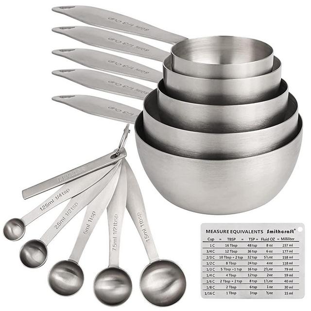 Smithcraft Measuring Cups and Spoons, 12 Piece Measuring Cup Set, 18/8 Stainless Steel Measuring Cups Spoons, Dry Metal Measuring Cups for Kitchen & Baking, Measurer Cups Spoons Leveler Equivalents