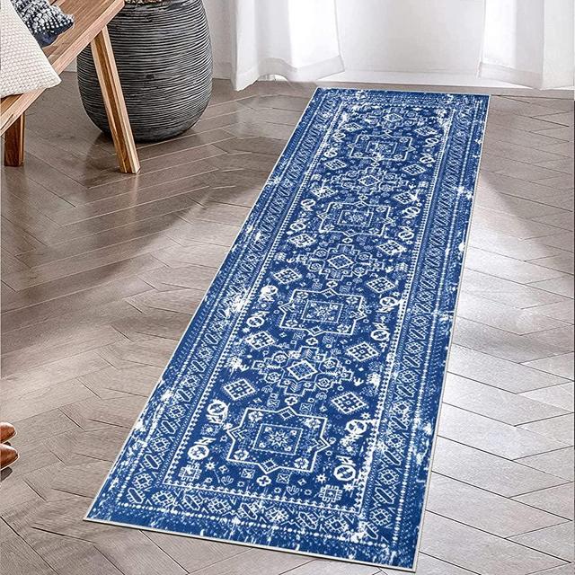 Pauwer Hallway Runner Rug, 2x6 Traditional Vintage Carpet Runner, Non-Slip Non-Shedding Faux Wool Soft Fuzzy Rug, Washable Floor Carpet for Kitchen Laundry Living Bathroom(Blue,2x6Ft)