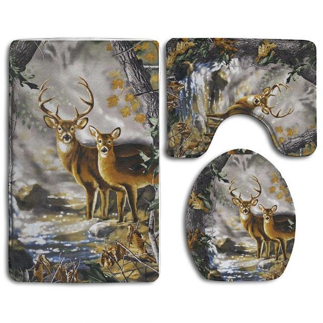 Real Tree Camouflage Deer 3-Piece Soft Bath Rug Set Includes Bathroom Mat Contour Rug Lid Toilet Cover Home Decorative Doormat