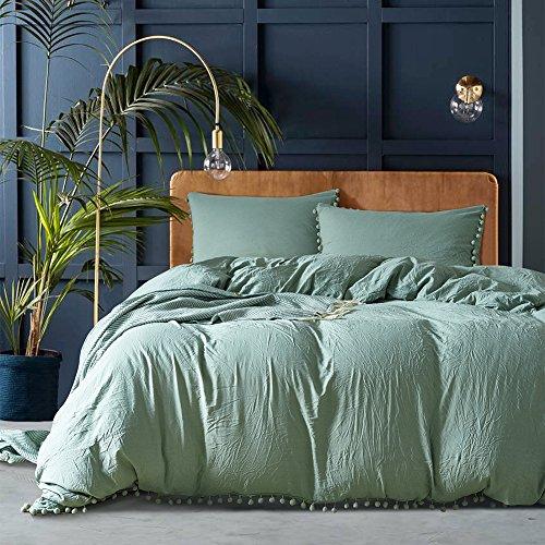 AiMay Pom Poms 3 Piece Duvet Cover Set (1 Duvet Cover + 2 Pillowcases) Stone-Washed Brushed Luxury 100% Super Soft Microfiber Bedding Collection (Sage/Dark Sea Green, King)