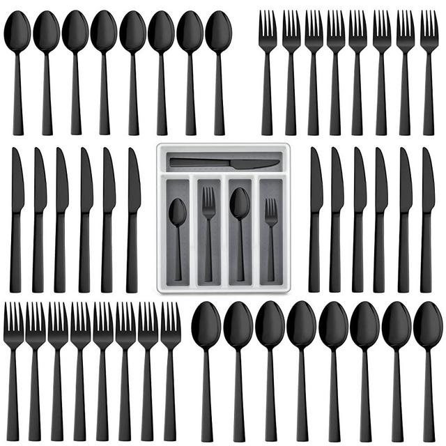 LIANYU 60-Piece Black Silverware Set with Tray, Stainless Steel Square Flatware Cutlery Set for 12, Black Eating Utensils for Home Restaurant, Dishwasher Safe, Mirror Finished