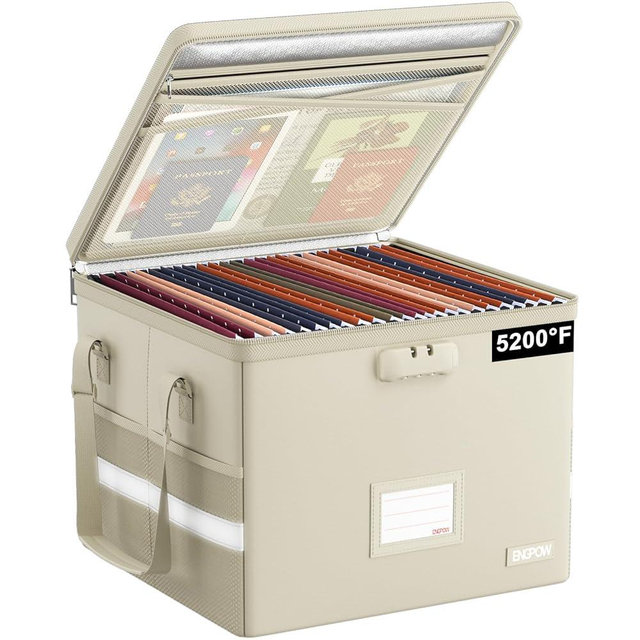 ENGPOW 5200°F File Box Fireproof Document Box with Lock,Heat Insulated Collapsible File Storage Organizer Box with Handle,Portable Home Office File Cabinet for Hanging Letter/Legal Size Folder, Beige