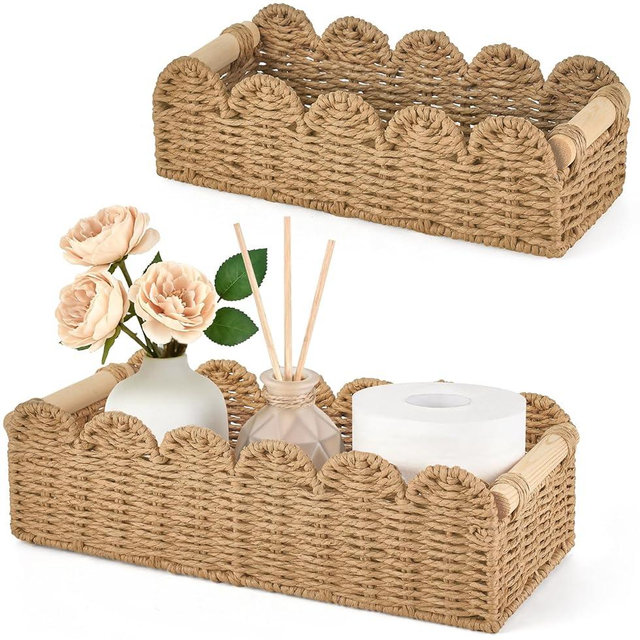Dahey 2 Pcs Toilet Paper Storage Basket for Bathroom Woven Paper Rope Scalloped Edge Toilet Tank Basket with Handles for Organizing Over Toilet Storage Shelf Countertop Living Room Bedroom Home Decor