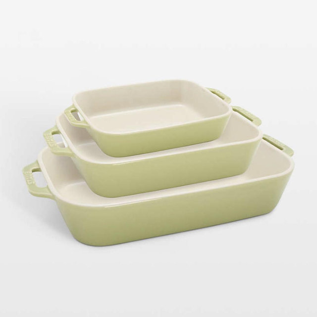 Staub Macaron Light Green 3-Piece Rectangular Stoneware Baking Dish Set