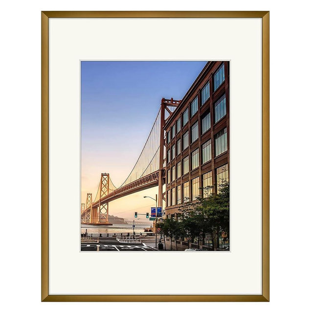Frametory, 11x14 Aluminum Picture Frame - 11x14 Bronze Frame with Ivory Color Mat for 8x10 Photo - 14 by 11 Metal Photo Frame & Real Glass - Sawtooth Hanger included for Wall Display - 1 Pack