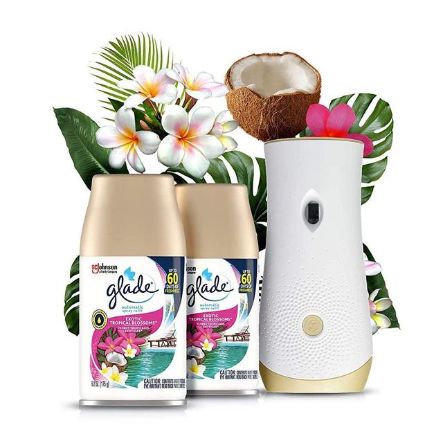 Glade Automatic Spray Refill and Holder Kit, Air Freshener for Home and Bathroom, Tropical Blossoms, 6.2 Oz, 2 Count
