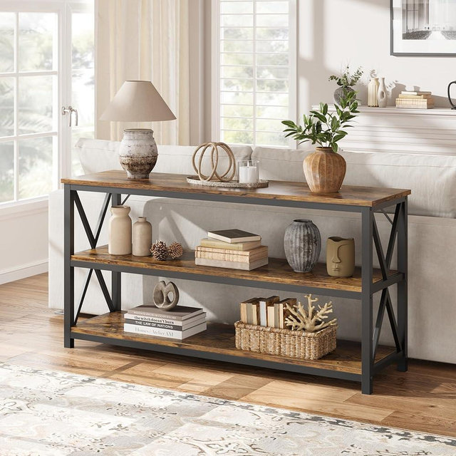 55 Inch Entryway Table, Narrow Long Console Table with Storage, 3 Tier Wood Sofa Table for Living Room, Industrial Behind Couch Table, Hallway Table for Foyer, Entryway Furniture-Rustic Brown