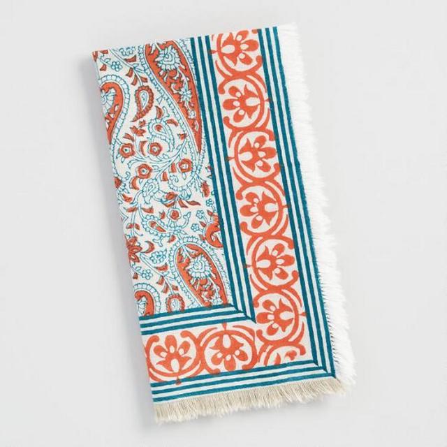 Orange and Teal Paisley Fringed Napkins Set of 4