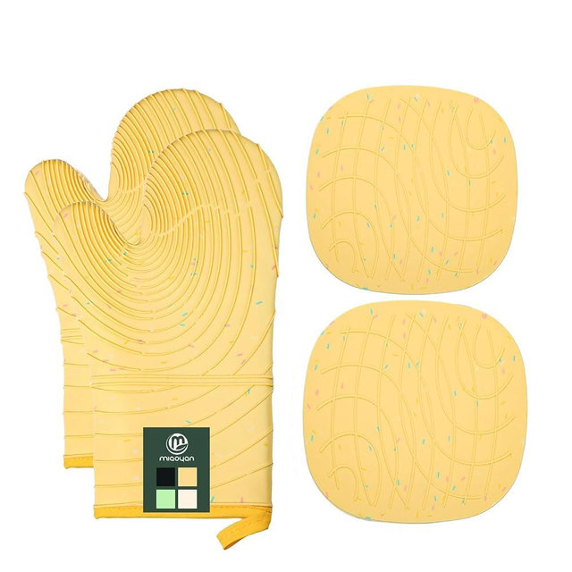 4 Pieces Oven Mitts of Macaron Color Thickened Non-slip Silicone Kitchen Gloves, Heat Resistant up to 500F, Essential for Kitchen Baking(makal-huang)