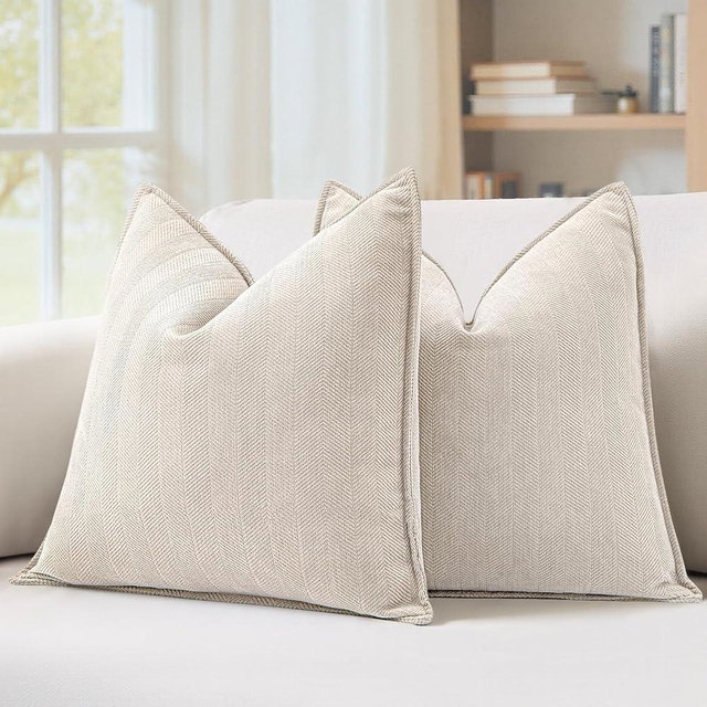 MIULEE Pack of 2 Cream Beige Decorative Pillow Covers 18x18 Inch Soft Chenille Luxurious Couch Throw Pillows Farmhouse Cushion Covers with Elegant Design for Sofa Bedroom Living Room Spring Decor