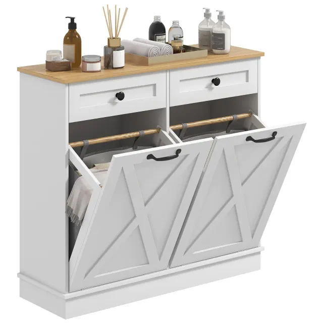 HOMCOM Tilt Out Laundry Hamper Cabinet Bathroom Storage Cabinet with 2 Removable Baskets and 2 Drawers, White