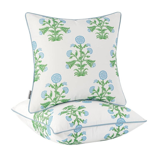 MIULEE Decorative Floral Outdoor Pillow Covers with Inserts Set of 2 18x18,Waterproof Vintage Fade Resistant Patio Throw Pillows with Piping for Spring Summer Garden Couch Sofa,Blue and Green