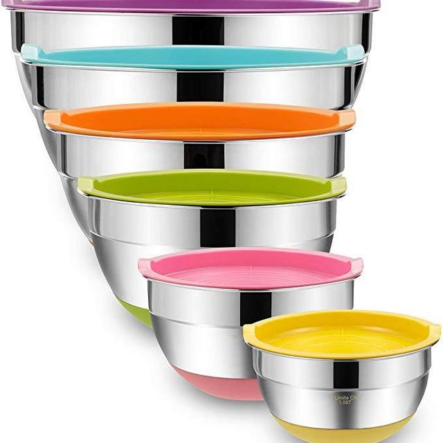 Mixing Bowls with Airtight Lids, 6 piece Stainless Steel Metal Bowls by Umite Chef, Measurement Marks & Colorful Non-Slip Bottoms Size 7, 3.5, 2.5, 2.0,1.5, 1QT, Great for Mixing & Serving