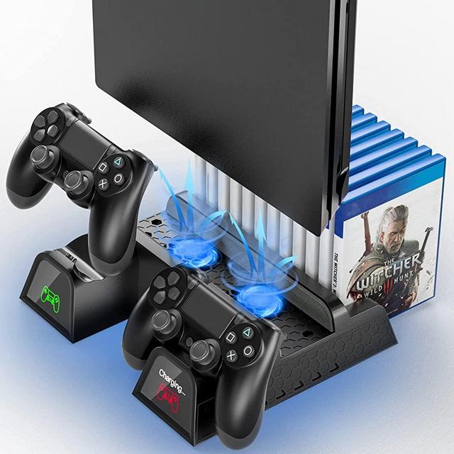 PS4 Stand Cooling Fan Station for Playstation 4/PS4 Slim/PS4 Pro, OIVO PS4 Pro Vertical Stand with Dual Controller EXT Prot Charger Dock Station and 12 Game Slots