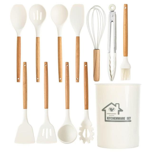 Kitchen Silicone Cooking Utensils Set with Wooden Handle. 446°F Heat Resistant, BPA free, Dishwasher Safe Non-Stick Silicone Kitchen Gadgets Cookware Set(12pcs Set) (White)