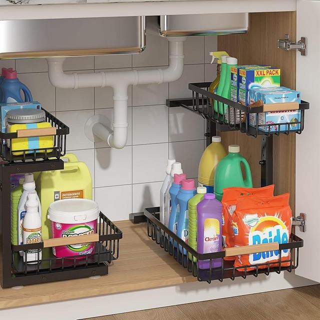 ADRIMER Under Sink Organizer 2 Packs, Pull Out Kitchen Sink Organizer, 2 Tier Slide Out Kitchen Organizers and Storage Bathroom Under Cabinet Storage Shelf, Black