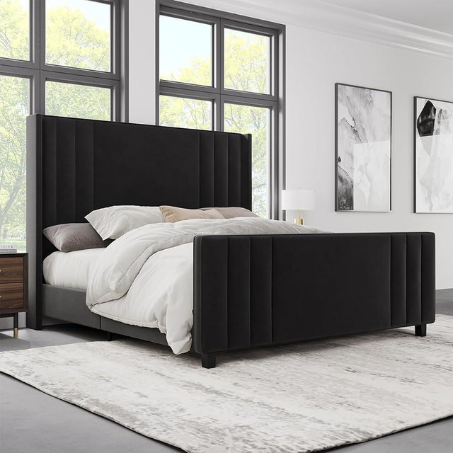 Albott King Size Platform Bed Frame, Upholstered Bed with Vertical Channel Tufted Wingback Headboard & Footboard, Premium Velvet, No Box Spring Needed, Black